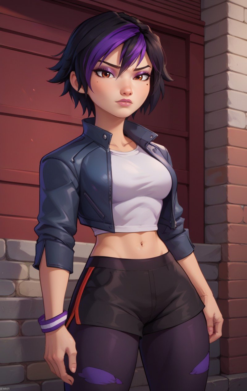 score_9, score_8_up, score_7_up, BREAK,  <lora:Gogotomago:1> gogotomago, 1girl, solo, short hair, black hair, jewelry, jacket, lo purple hair,  shorts, bracelet, makeup, casual,  cropped jacket, leggings, sleeves pushed up, capri pants, black leggings, cowboy shot, brown eyes, looking at the viewer, medium breasts, wide hips,