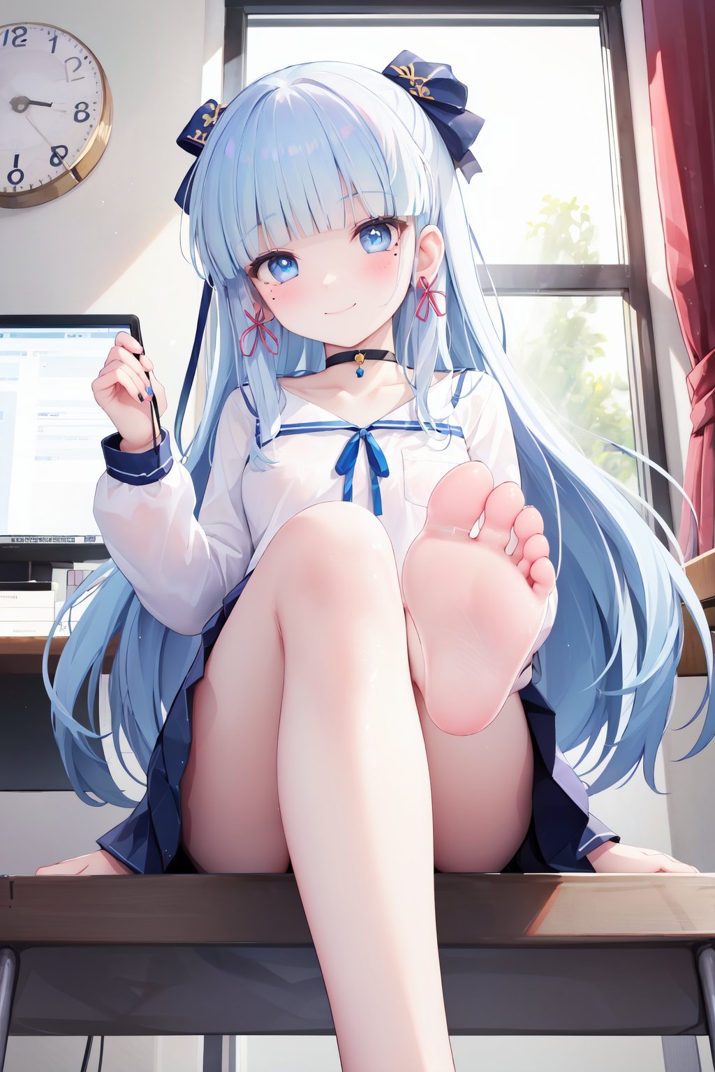 kamisato ayaka,1girl,foot focus,feet,toes,solo,barefoot,long hair,soles,blue eyes,bangs,looking at viewer,ribbon,blunt bangs,smile,sitting,hair ribbon,foreshortening,blue hair,indoors,sidelocks,bare legs,desk,skirt,choker,blush,collarbone,legs,closed mouth,long sleeves,tress ribbon,from below,shirt,light blue hair,blue skirt,clock,pink ribbon,crossed legs,white shirt,monitor,toenails,mole under eye,frills,hair ornament,very long hair,