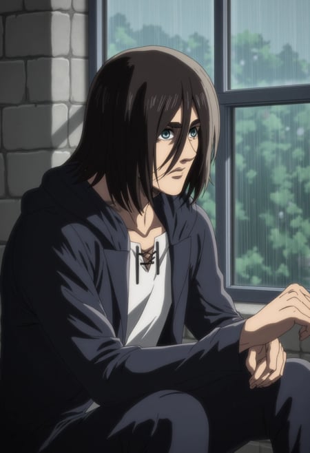 An intimate illustration of Eren Yeager sitting by a window, rain pouring outside. His long hair falls around his face, and his expression is one of deep introspection. The soft light casts shadows across his features, highlighting his striking blue eyes, which are filled with a mix of hope and uncertainty as he contemplates the future.