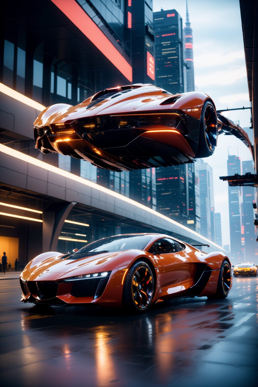 AgainCyberpunk, car, vehicle focus, motor vehicle, no humans, reflection, sports car, city, building, outdoors, sky, science fiction, realistic, scenery, headlight, spoiler \(automobile\), motion blur, night, skyscraper, road, glowing