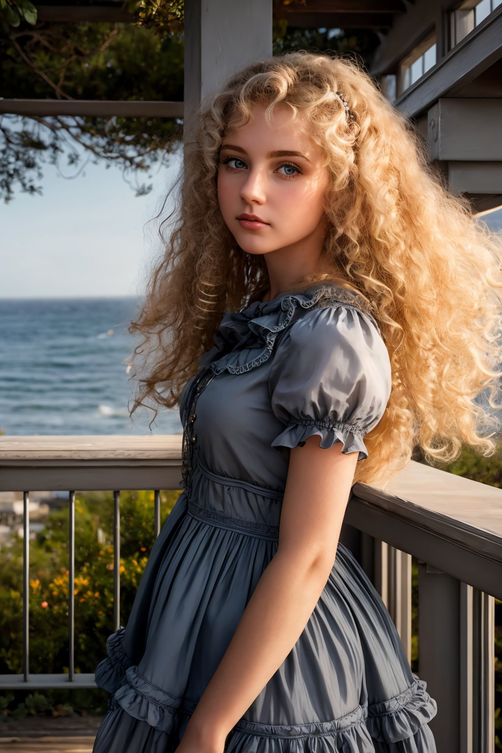 masterpiece, highly detailed 8k, best quality, volumetric lighting, volumetric lighting, intricate, Blond big hair young woman in US Navy Blue rfdrss, stubborn, Antique Gray eyes, Coastal Villages at Dawn background <lora:ruffled dress v4.3-000007:1>