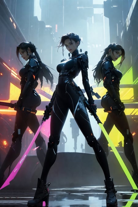 (masterpiece,top quality,best quality,official art,beautiful and aesthetic:1.2), (full body:1.0), Dynamic Angle, Perspective, High Point,pov，A shot with tension，(sky glows，Visual impact,giving the poster a dynamic and visually striking appearance:1.2),<lora:绪儿-赛博武士 xuer cyberwarrior:0.8>