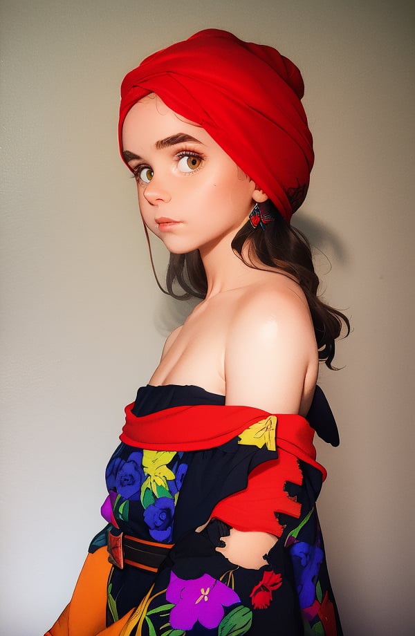 photorealistic, upper body, stand, 1girl 17 year-old, thick eyebrows (Turbant:1.2), super detailed skin texture, looking at viewer, black hair, off shoulder floral dress bright and very colorful, silver blue,  photo studio, dark simple blurred background, perfectly illumination,<lora:detail_slider_v4:1> <lora:epiCFlashPhoto_Lora:1> <lora:InstantPhotoX3:0.3> <lora:Turbant:1> <lora:NightphotoV1-0:0.3>