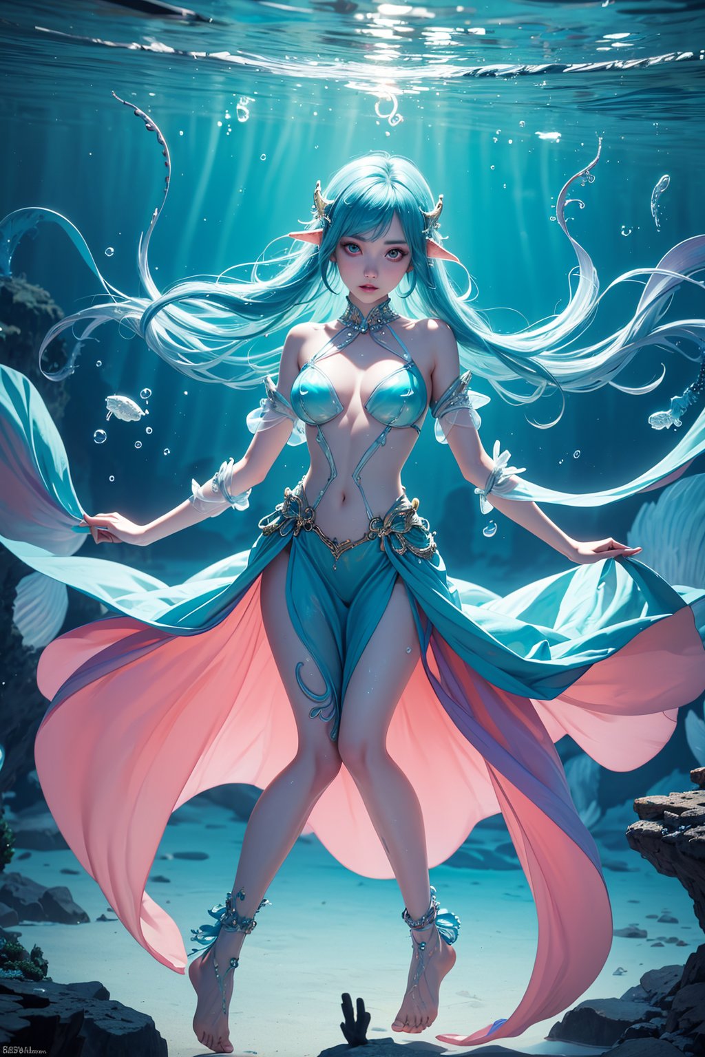 (best quality:1.4),(masterpiece:1.4),(8K:1.4),(extremely detailed:1.4),absurdres,detailed face,beautiful face,(detailed eyes, deep eyes),(1girl),full body,(jellyfish girl),jellyfish tentacles,(monster girl),colored skin,(teal colored skin),(tentacle hair),(colorful hair),(internal glow),bioluminescent,(transparent skin:1.5),(translucent hair),(tentacle legs),medium breasts,bioluminescent dress,barefoot,underwater,(on a mountain, morning),