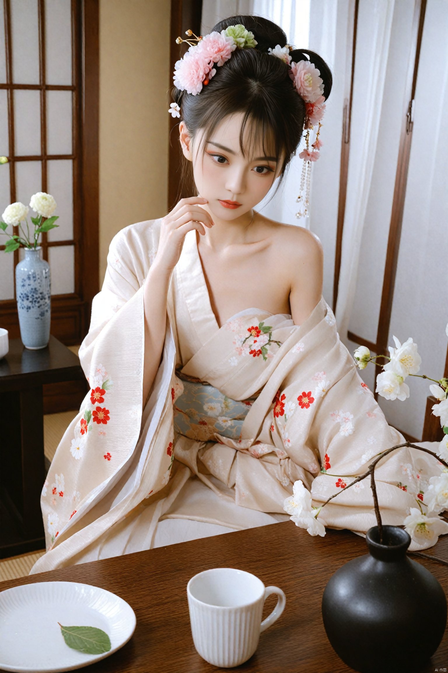 masterpiece,Realism,best quality,loli,1girl,flower,solo,hair ornament,white flower,plate,chinese clothes,black hair,indoors,hair flower,table,holding,sitting,hanfu,red lips,off shoulder,wide sleeves,leaf,long sleeves,updo,brown hair,bare shoulders,curtains,closed mouth,japanese clothes,black eyes,collarbone,realistic,looking down,single bare shoulder,floral print,makeup,short hair,cup,lips,chair,kimono,blurry,hair bun,vase,hand up,looking to the side,dress<lora:EMS-288516-EMS:0.000000>, <lora:EMS-300688-EMS:0.000000>, <lora:EMS-301024-EMS:0.000000>, <lora:EMS-339656-EMS:0.000000>, <lora:EMS-324355-EMS:0.000000>, <lora:EMS-344883-EMS:0.400000>