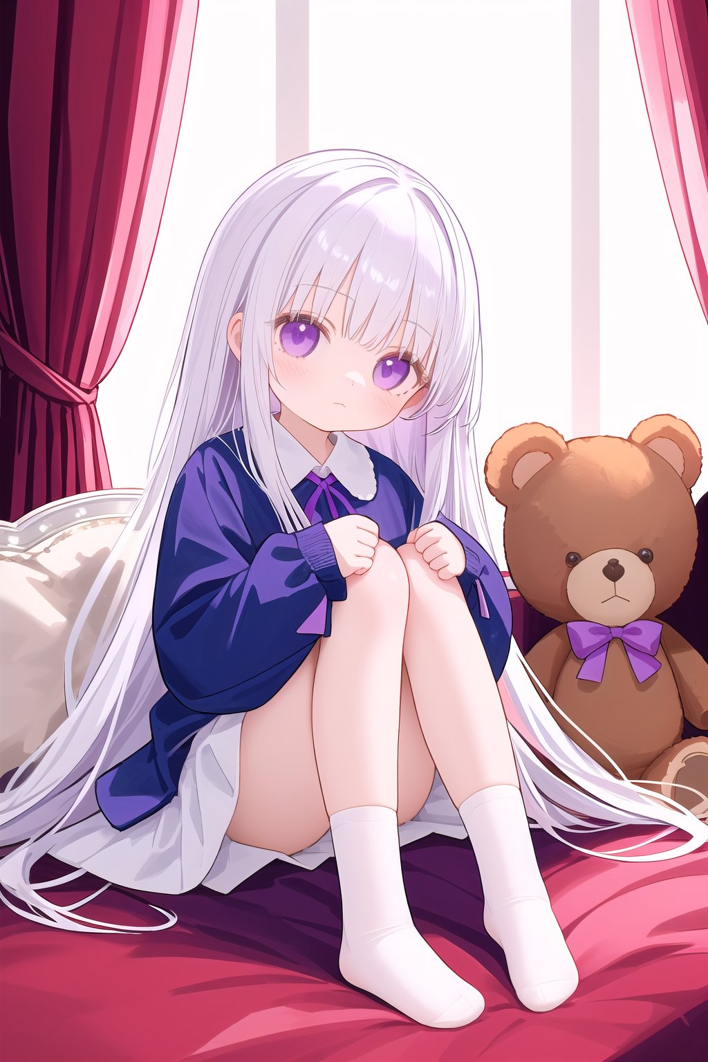 1girl,loli,no shoes,solo,long hair,purple eyes,soles,feet,stuffed toy,stuffed animal,white hair,long sleeves,looking at viewer,bangs,sitting,closed mouth,very long hair,sleeves past wrists,shirt,blue shirt,foreshortening,full body,legs,teddy bear,knees up,curtains,