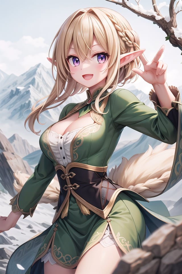 insanely detailed, absurdres, ultra-highres, ultra-detailed, best quality,1girl, solo, nice hands, perfect handsBREAKelf girl, (wearing green dress:1.2), (nsfw:-1.5), (navel:-1)BREAKhappy smile, laugh, open mouthBREAKstanding, cowboy shot, looking at viewerBREAKslender, kawaii, perfect symmetrical face, ultra cute girl, ultra cute face, ultra detailed eyes, ultra detailed hair, ultra cute, ultra beautifulBREAKOn the peak of a distant mountain, a gargantuan dragon from the ancient times roars, depth of field, ultra detailed backgroundBREAKlarge breasts, cleavage,BREAKblonde hair, medium hair, elf ear, pink eyes