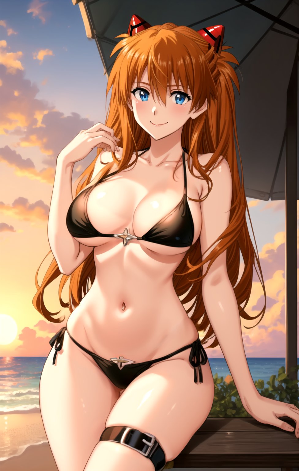 masterpiece, best quality, best aesthetic, anime, ultra detailed,souryuu asuka langley, 1girl, solo, yamibikini1, (black bikini, string bikini:1.2), (thigh strap:1.2), (large breasts, wide hips:1.2), (long hair, orange hair:1.2), blue eyes, (smile, closed mouth:1.2), cowboy shot, looking at viewer, outdoors, beach, sunset<lora:EMS-364789-EMS:0.800000>, <lora:EMS-179-EMS:0.200000>