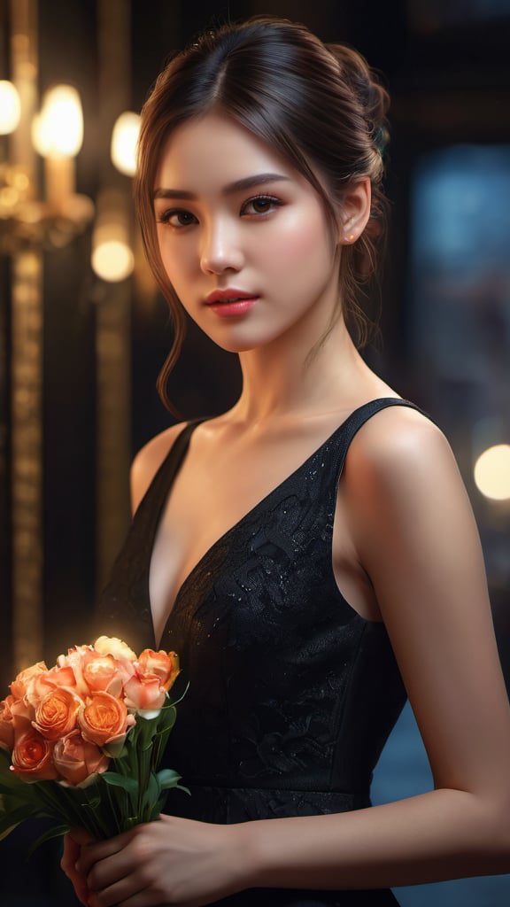 (photorealistic, masterpiece, best quality, highly detailed),1girl,8k wallpaper,extremely detailed figure, amazing beauty, detailed characters, indoor,black dress, holding flowers, light and shadow, depth of field, light spot, reflection,upper body,nigth,street, <lora:IVI2:0.7>