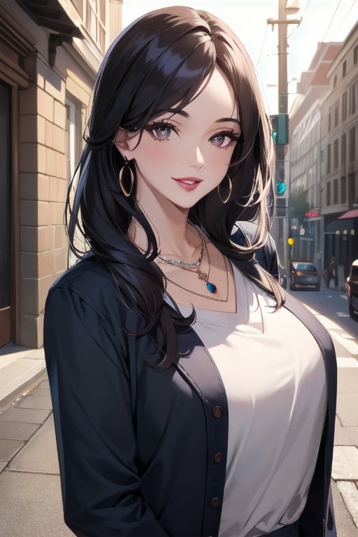 ((masterpiece)), ((best quality)), (ultra-detailed), absurdres, extremely detailed CG unity 8k wallpaper, Official Art, beautiful face, detailed hands, expressive eyes, upper body, close up, solo, (street, scenery, illustration, dramatic lighting:1.1), (standing, arm at side, seductive smile, parted lips:1.2), (1girl, mature female, milf, motherly, sharp eyelashes, lips:1.4), (necklace, jewelry:1.3), ((masterpiece)), , absurdres, HDR <lora:MatureFemaleLoCon2:0.7>  <lora:GoodHands-vanilla:1>