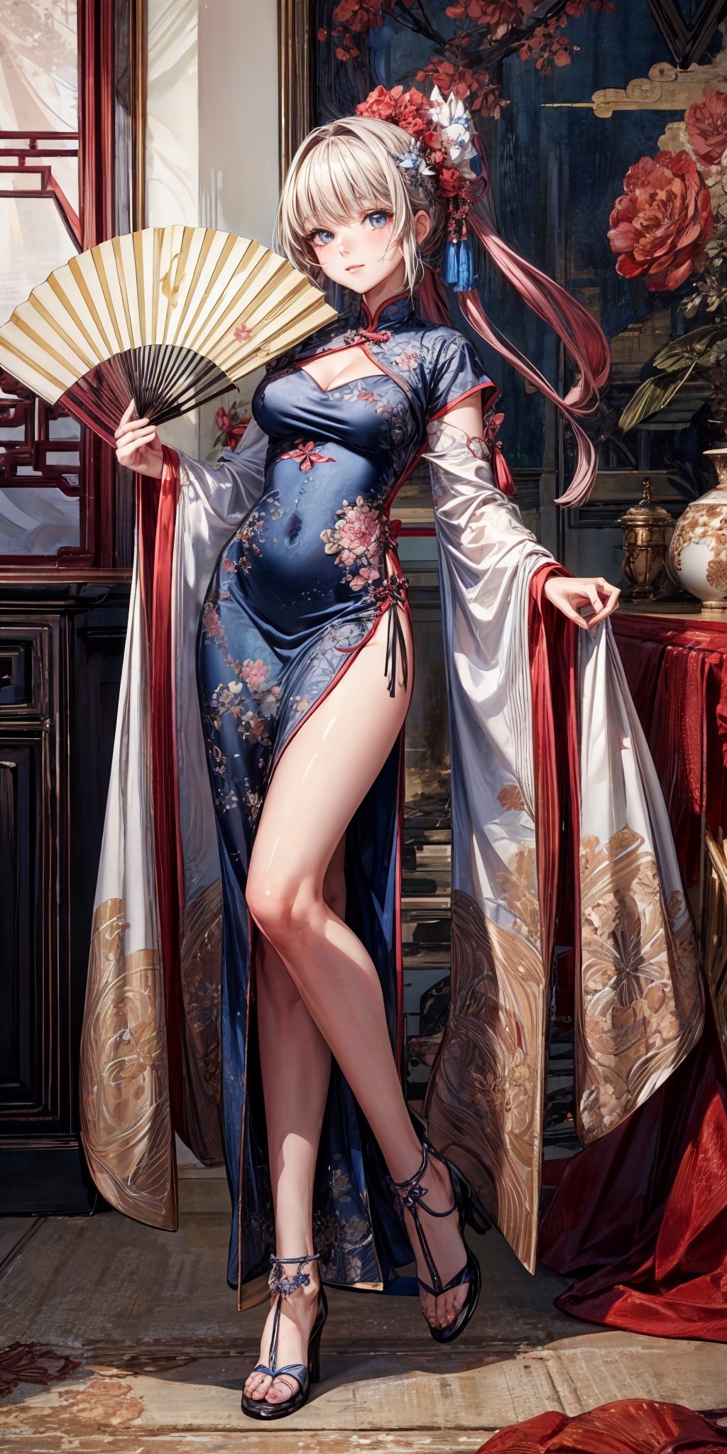 (masterpiece,ultra-detailed,best quality,8K,illustration,shaved:1.2),(petite girl:1.0) <lora:add_detail:1.5> ,  <lora:sensu pose:0.6> sensu pose, folding fan, 1girl, china dress