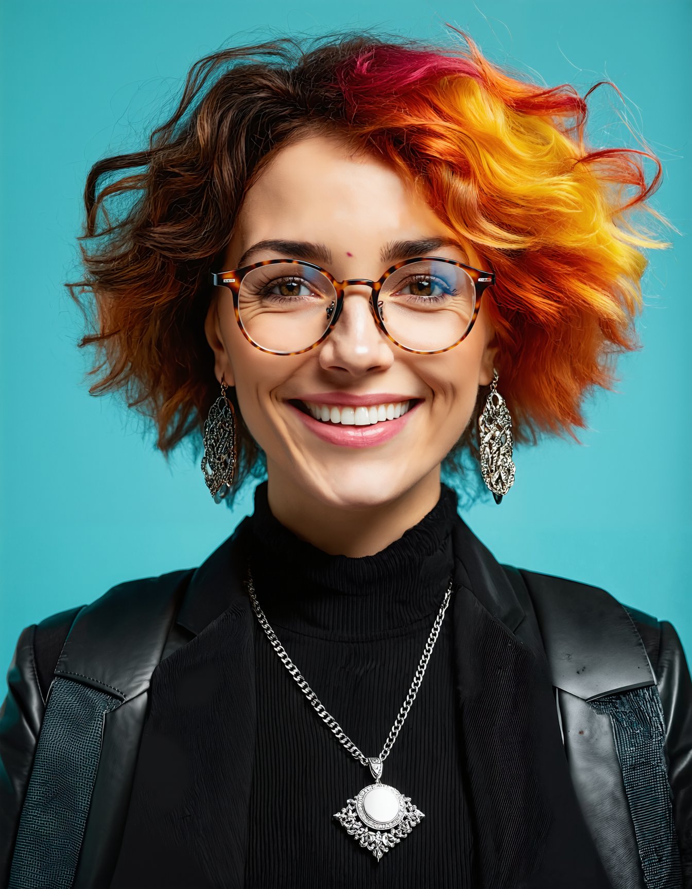 best quality,4k,8k,highres,masterpiece,ultra-detailed, woman, looking at viewer, smile, shirt, jewelry, jacket, upper body, multicolored hair, earrings, glasses, necklace, mole, bag, black shirt, lips, backpack, mole under mouth, forehead, round eyewear, realistic, grey-framed eyewear , Ultimate Realism - High Detail Enhancement.safetensors