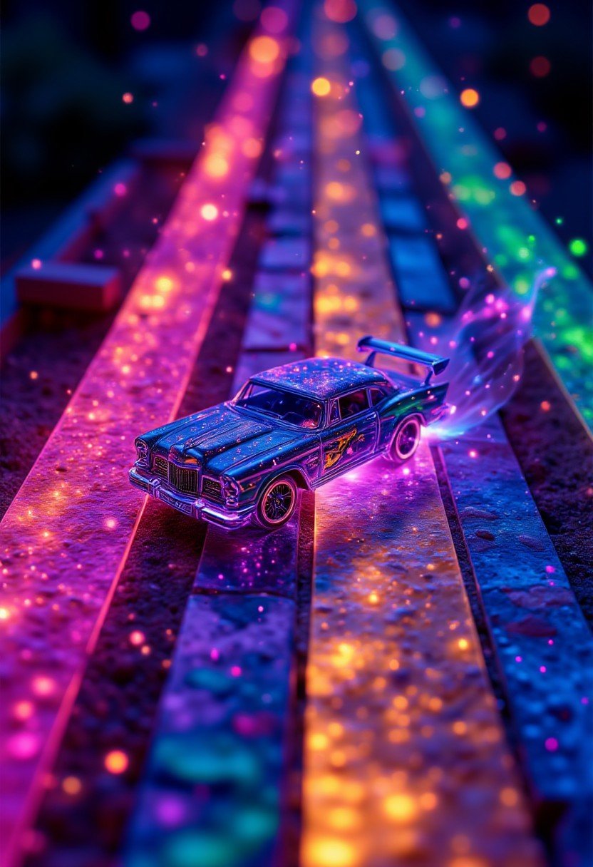 Hotwheels cars driving on neon rainbow, creative, (masterpiece), unique   , aidmaglow