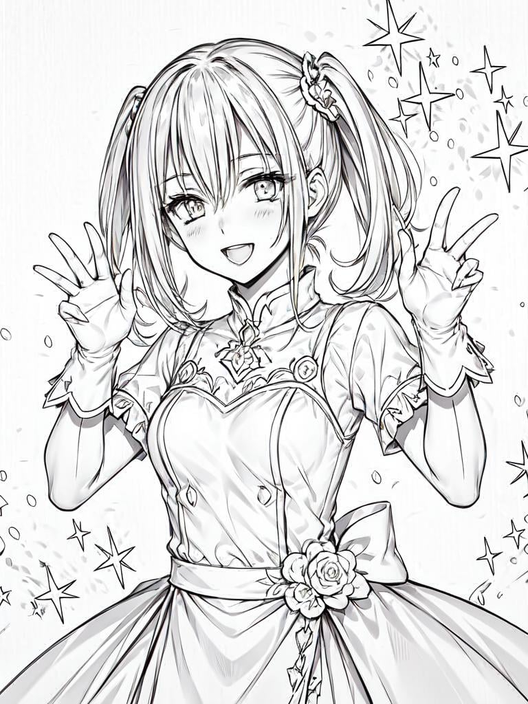 monochrome, 1girl, cheerful,victory pose,   <lora:Lineart_style_v1.0:-0.5>