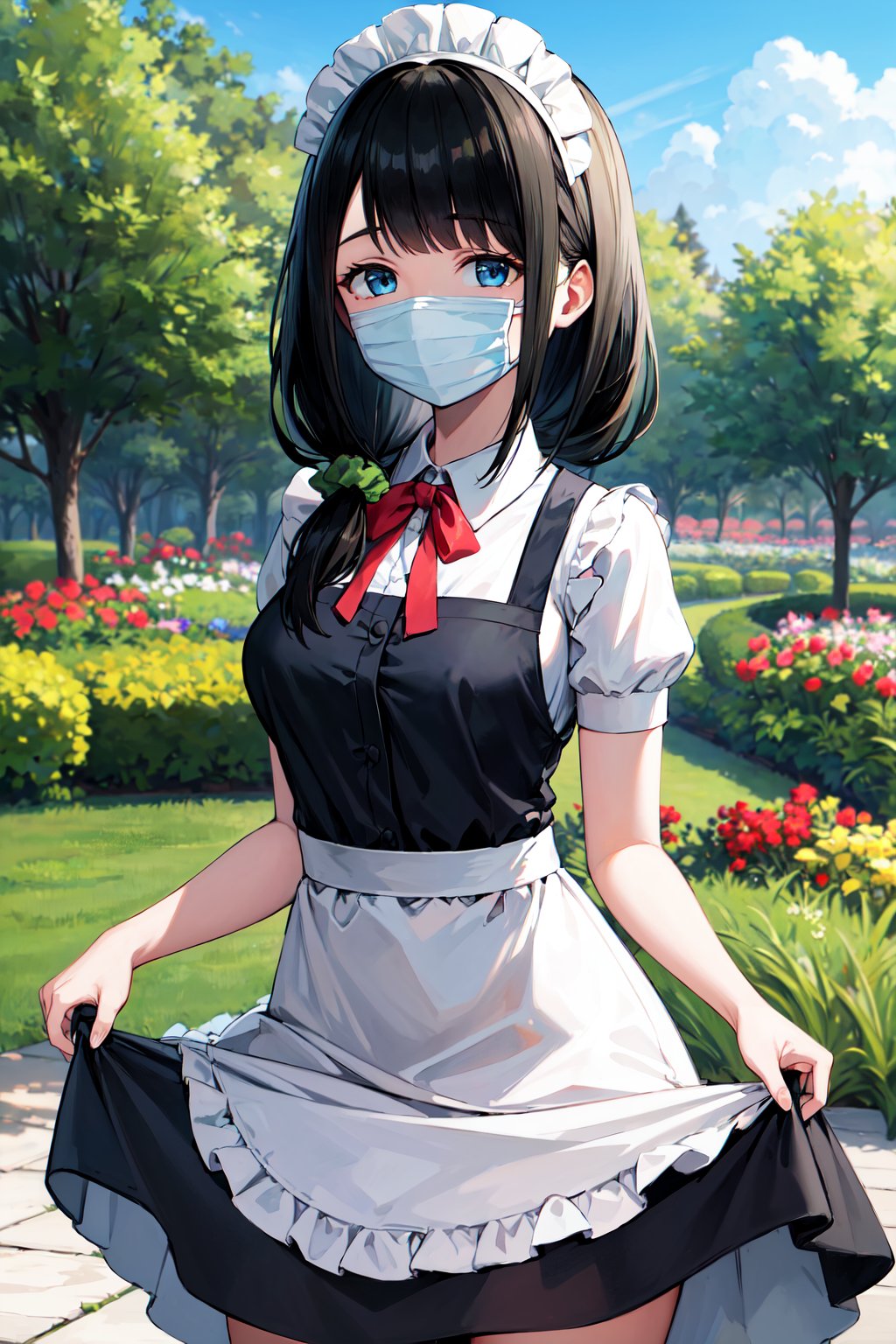 masterpiece, best quality, highres, 1girl, solo, long hair, black hair, hair scrunchie, low ponytail, blue eyes, mouth mask, <lora:hassu_v1:0.8>, maid, maid headdress, smile, skirt hold, garden, 