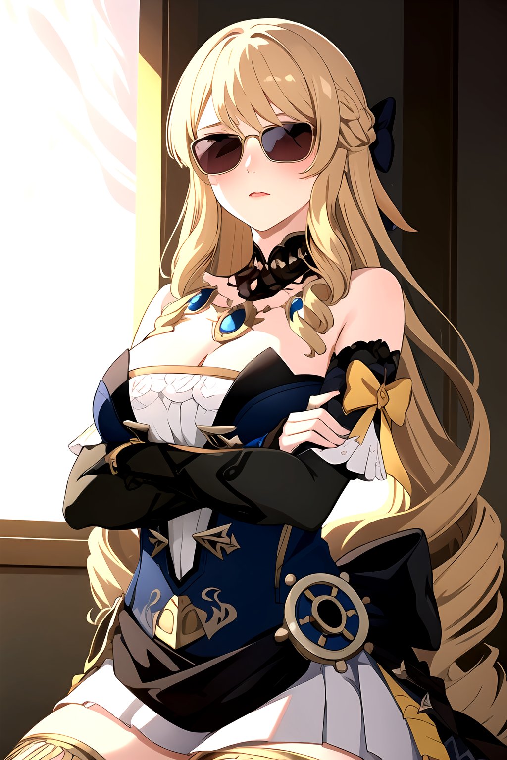 masterpiece, best quality, 1girl, GINavia, breasts, bangs, blonde hair, dress, cleavage, strapless, detached sleeves, black gloves, gem, jewelry, hair bow, looking at viewer, black sunglasses, thighhighs, crossed arms, single glove, full-face blush, 