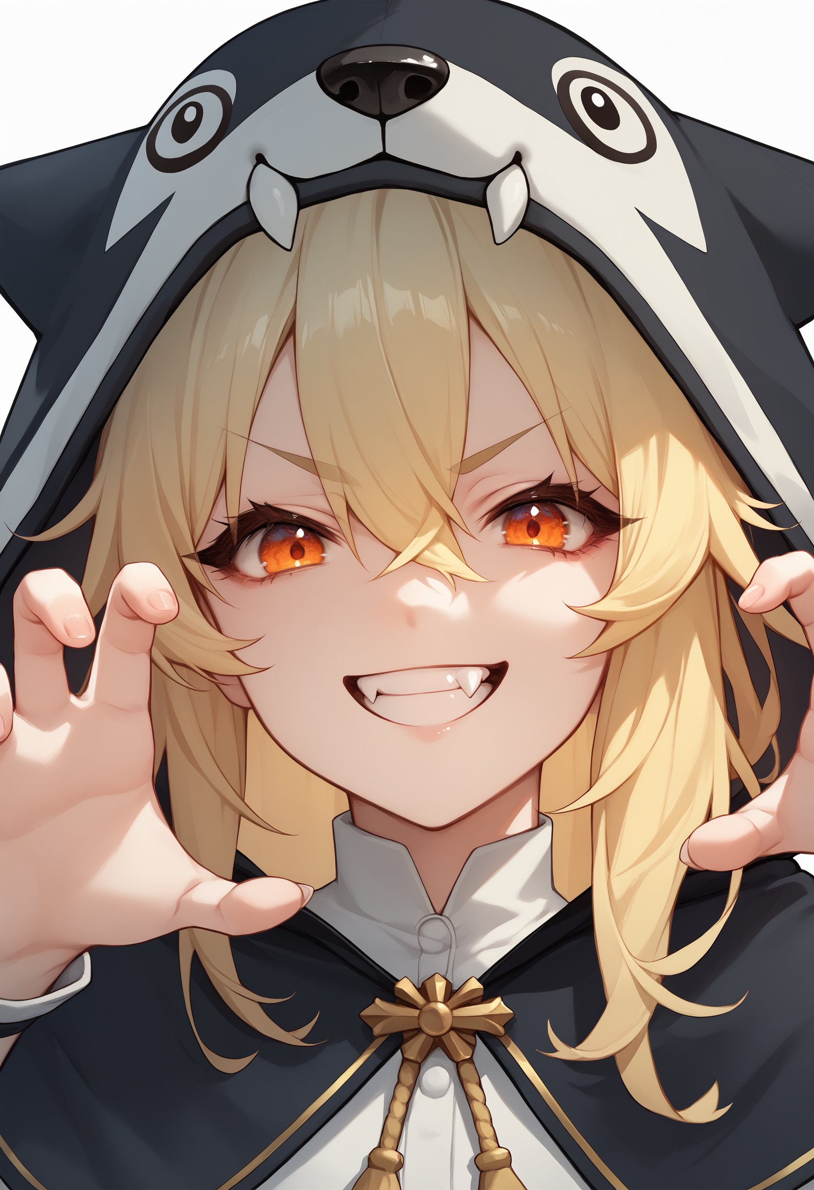 score_9, score_8_up, BREAK1girl, teeth, blonde hair, orange eyes, eyelashes, white background, black capelet, looking at viewer, wolf costume, simple background, long hair, happy, grin, hair between eyes, v-shaped eyebrows, collared capelet, sidelocks, >:), animal costume, wolf pelt, close-up, thick eyelashes, smile, chin strap, wrist cuffs, closed mouth, high contrast, capelet, split mouth, fang out, claw pose, fang