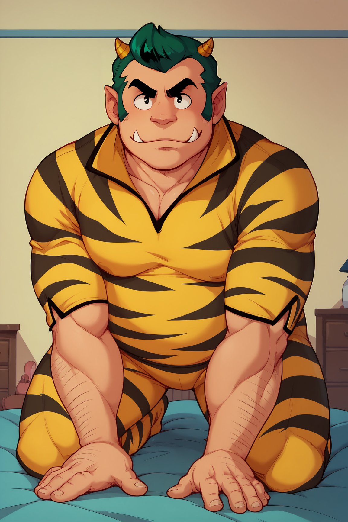 score_9, score_8_up, score_7_up, score_6_up, BREAK, LumFatherUYXL, thick eyebrows, black eyes, green hair, short hair, sideburns, yellow horns, oni horns, pointy ears, fangs, muscular male, fat, tiger print, yellow bodysuit, short sleeves, solo, full body, all fours, seductive smile, looking at viewer, indoors <lora:LumFatherUYXL:1>