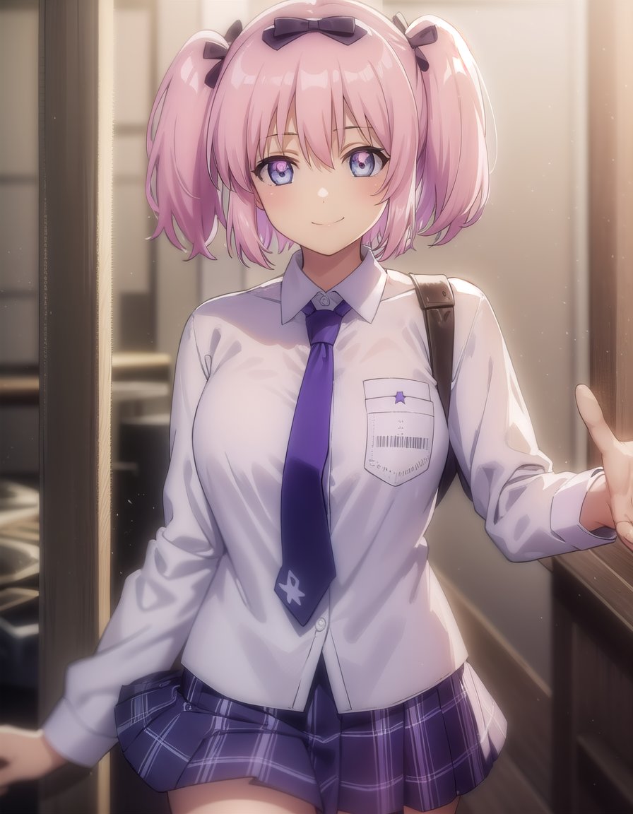 skhibari, <lora:sk hibari s1-lora-nochekaiser:1>,hibari, short hair, bow, twintails, pink hair, hair bow, symbol-shaped pupils, short twintails, blue eyes,BREAK skirt, bow, school uniform, necktie, purple skirt,BREAK outdoors, classroom,BREAK looking at viewer, (cowboy shot:1.5), smile,BREAK <lyco:GoodHands-beta2:1>, (masterpiece:1.2), best quality, high resolution, unity 8k wallpaper, (illustration:0.8), (beautiful detailed eyes:1.6), extremely detailed face, perfect lighting, extremely detailed CG, (perfect hands, perfect anatomy),