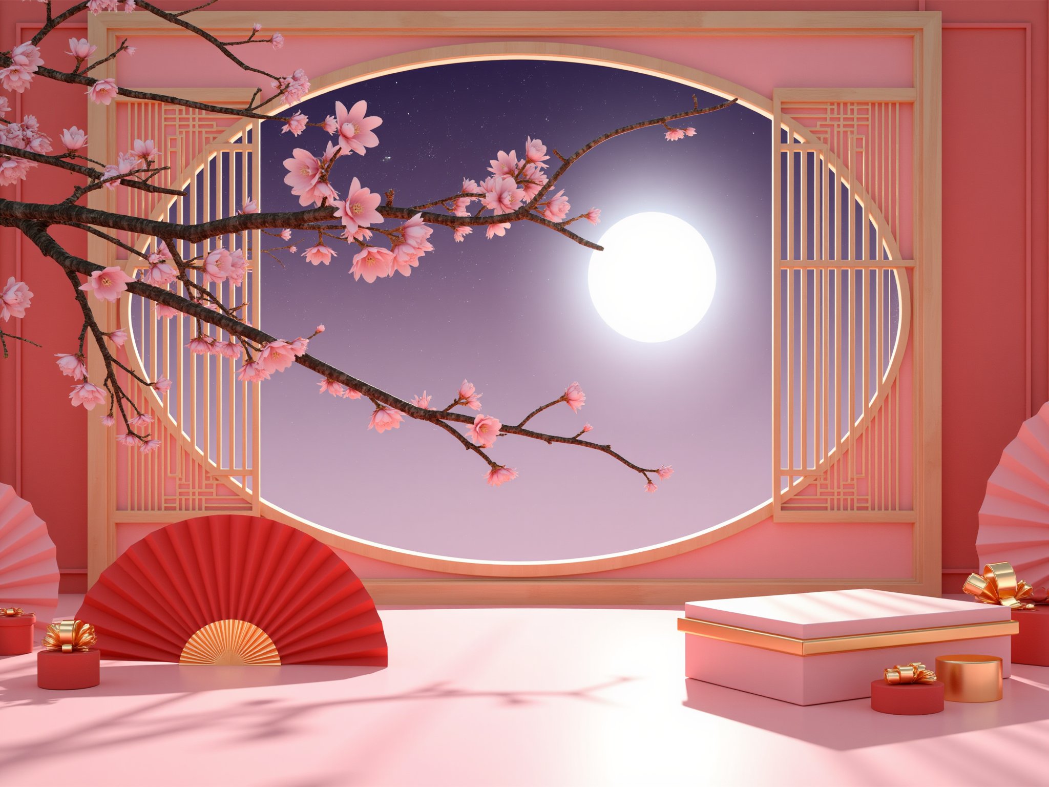 zhongqiu_booth, photograph, cherry blossoms in full bloom, traditional chinese decor, wooden lattice window, moonlit night sky, paper fans, red and gold jewelry, soft pink background, elegant and serene atmosphere, delicate cherry blossom branches, golden jewelry box, soft shadows, cultural and historical ambiance.,<lora:flux-zhongqiu-booth:0.8>