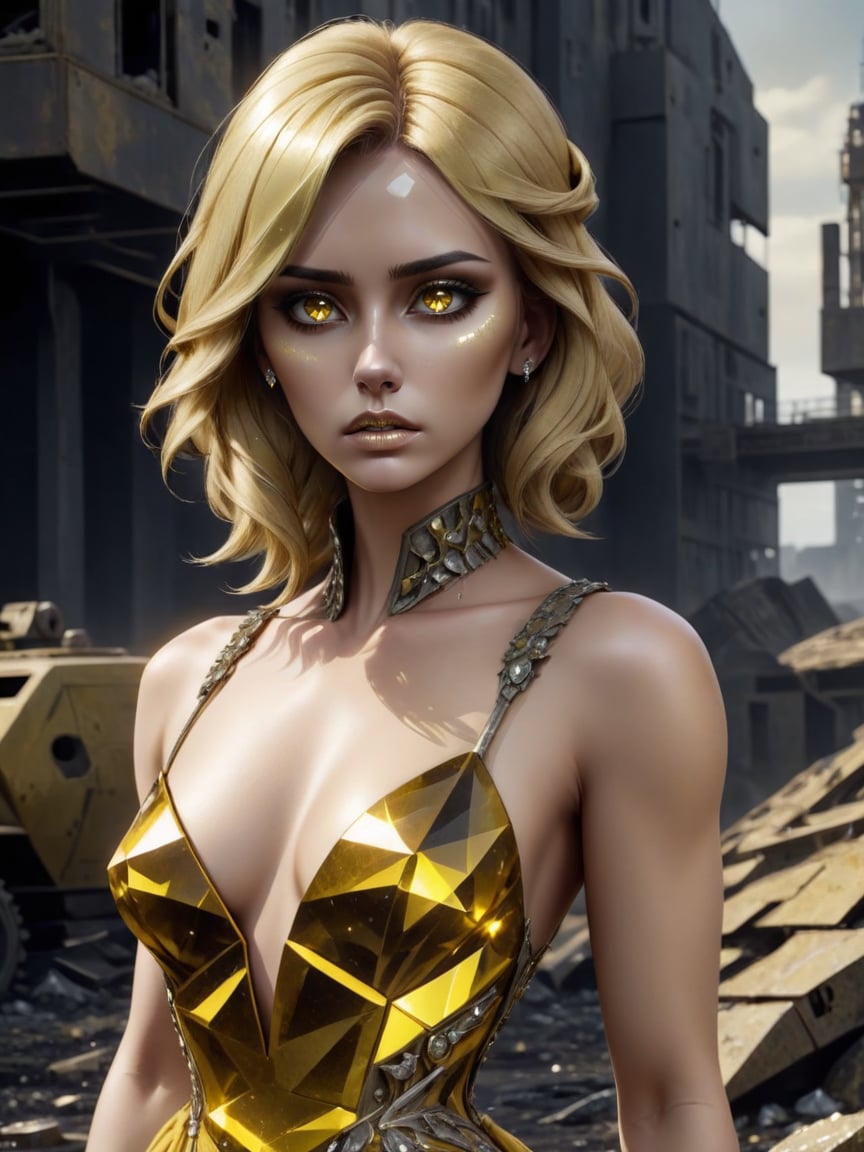 Dystopian style beautiful woman wearing a Dark Yellow (crystalline dress) <lora:xl_crystalline_dress-1.0:0.8> . Bleak, post-apocalyptic, somber, dramatic, highly detailed