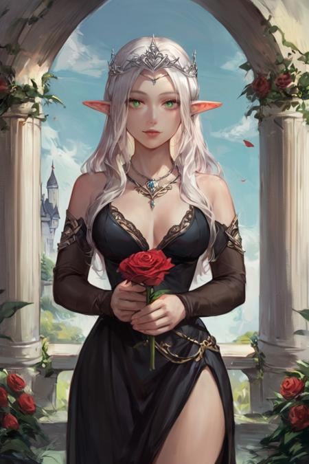 score_9, score_8_up, score_7_up, rating_safe, 1girl, solo, elf, pointy ears, breasts, long hair, long hair, white hair, green eyes, portrait, looking at viewer, black dress, tiara, silver tiara, holding, holding flower, rose, red rose, necklace, jewelry, cowboy shot, standing, outdoors, castle <lora:Concept Art Ultimatum Style LoRA_Pony XL v6:1>