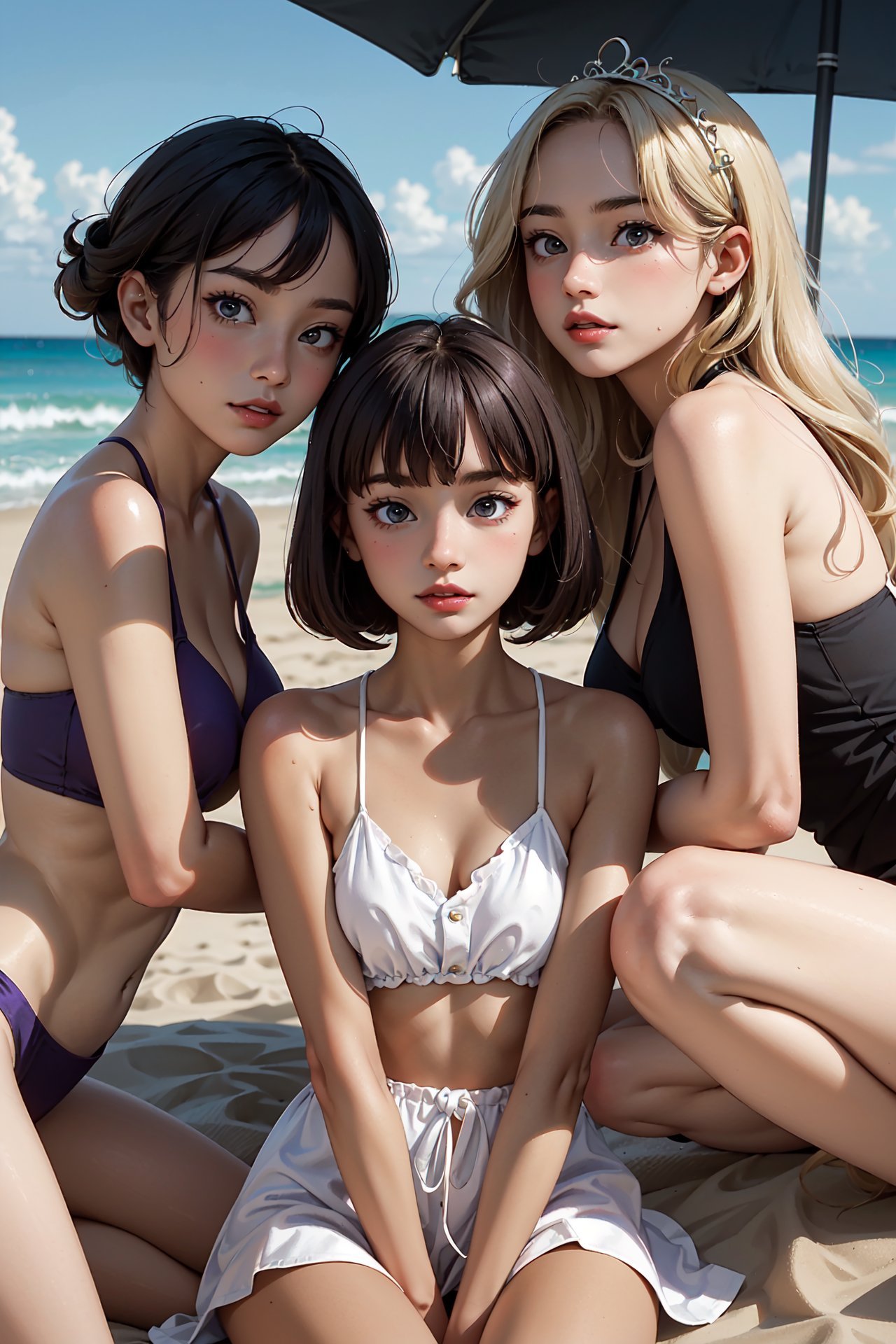 4girls, masterpiece, high quality, 8k, high resolution, perfect art, 4 Secretaries Chatting, the first one Tan Skin, Blonde with shoulder-length hair, soft pink sheer lipstick, the second one Tan Skin, Blonde with a braided crown and loose waves, violet stain lipstick, the third one Tan Skin, Brunette with side-swept bangs and a layered bob cut, lavender satin lipstick, and the 4th one Olive Skin, Blonde with shoulder-length hair and beachy waves, violet satin lipstick