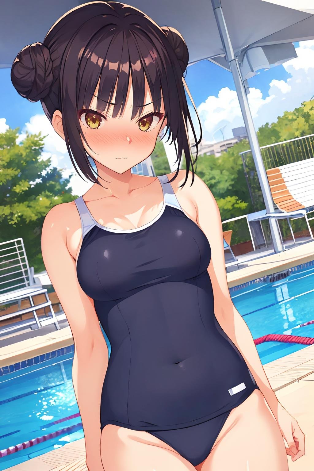 16k, highres, masterpiece, best quality, a girl in urban city, poolside, nose blush, shaded face, glaring,sntm, 1girl, alternate hairstyle, bangs, sidelocks, double bun, braided bun, medium breasts,<lora:natsume_v1:0.7>school swimsuit,  