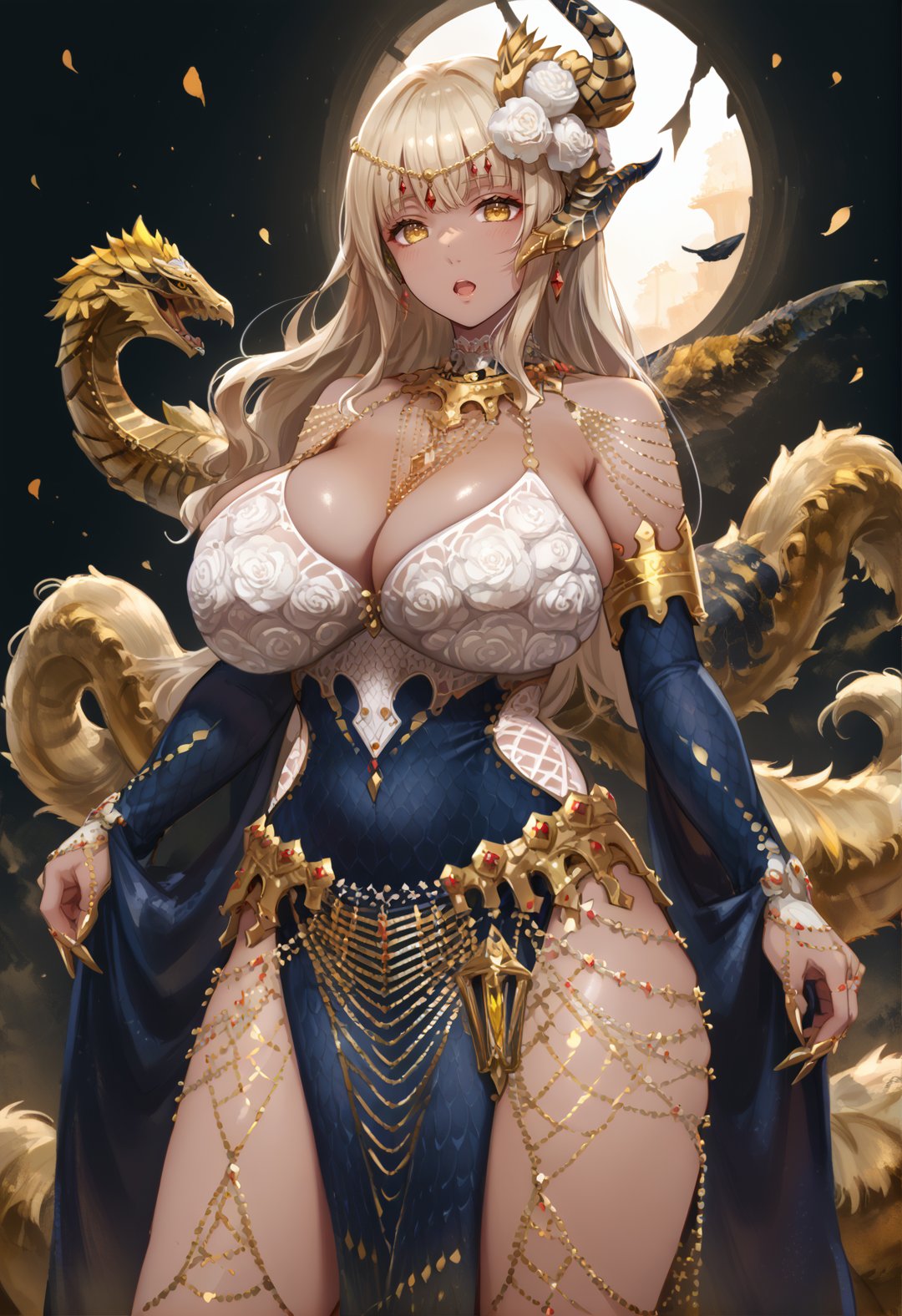 (score_9:0.9),score_8_up,score_7_up,rating_safe,anime style,(zPDXL),<lora:EX Kulve Taroth Beta Armor ponyXL v1.4:0.8>,1girl,solo,dark-skinned female,(long hair),single horn hair ornament,looking at viewer,yellow eyes,open mouth,cleavage,ex kulve taroth beta armor,legs,thick thighs,motherly,milf,curvy,<lora:MatureFemalePony:0.6>,tall female,huge breasts,sagging breasts,skindentation,bursting breasts,gold claw ring,gold theme,