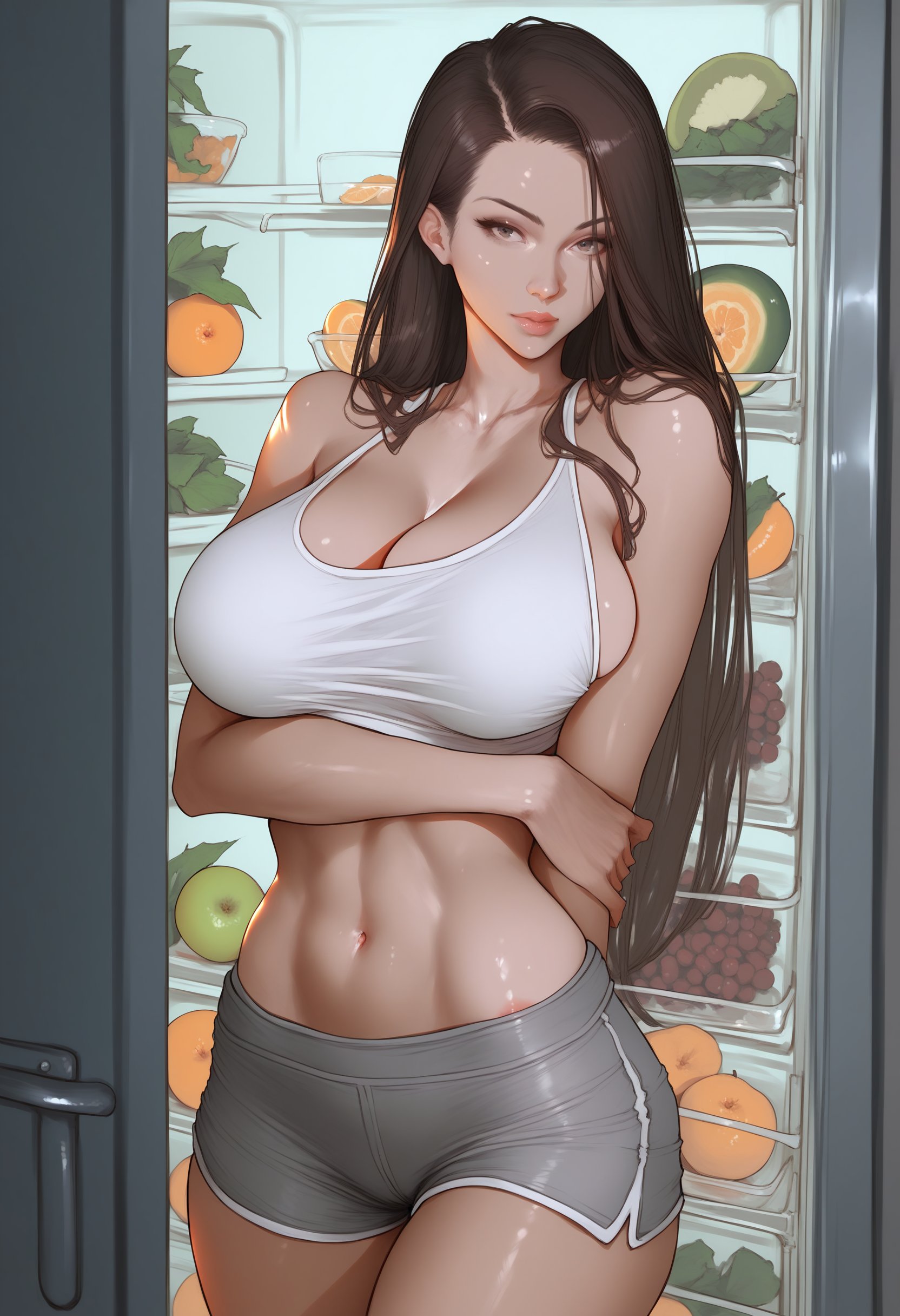 score_9, score_8_up, score_7_up, score_6_up, source_anime, <lora:MOC 0.1v:1>,1girl, solo, long hair, brown hair, large breasts, plump, white crop top, gray shorts, posing, open refrigerator, fruits and beverages, lifting arm, toned midsection, relaxed expression, confident, playful, bright lighting, detailed, high contrast, indoor setting