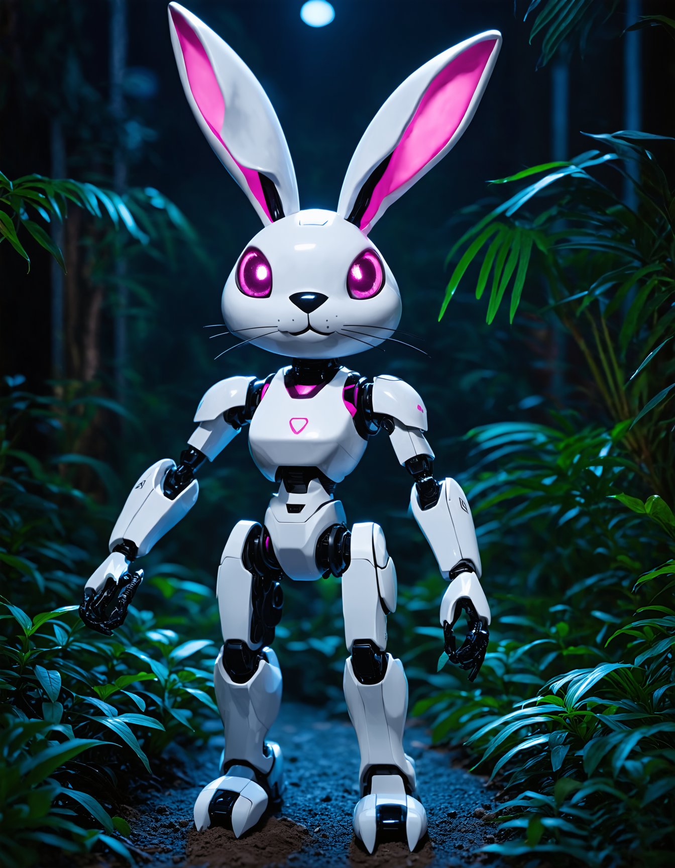 (best quality,8K,highres,masterpiece), ultra-detailed, (futuristic sci-fi robot bunny), portrayal of a sleek robotic woman with a matte white finish and glowing pink accents. The bunnys body is streamlined for stealth, with retractable claws and a tail that doubles as a whip-like weapon. Its eyes are advanced night vision sensors. The background features a high-tech jungle with neon flora and hidden surveillance systems, emphasizing the bunny's stealth and predatory nature.