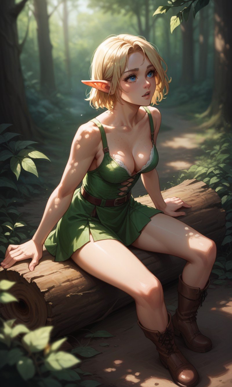 score_9, score_8_up, score_7_up, score_6_up, score_5_up, score_4_up, source_anime, BREAK, 1girl, solo, elf girl, elf ears, pixie, sitting on log, forest, blue eyes,from above,looking up,ground,blonde hair,(dappled sunlight)1.2,blurry,depth of field, boots,leaf