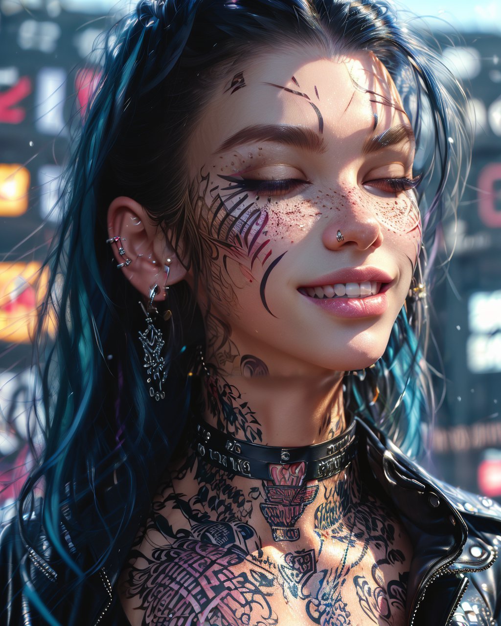 (masterpiece, realistic:1.5), 1girl,solo,long hair,smile,open mouth,black hair,jewelry,blue hair,jacket,closed eyes,upper body,multicolored hair,earrings,open clothes,teeth,choker,necklace,blurry,open jacket,lips,black jacket,eyelashes,tattoo,makeup,blurry background,black choker,piercing,happy,ear piercing,portrait,facing viewer,eyeshadow,freckles,realistic,nose,leather,chest tattoo,leather jacket,neck tattoo,nose piercing<lora:mjportrait_v1:0.7>