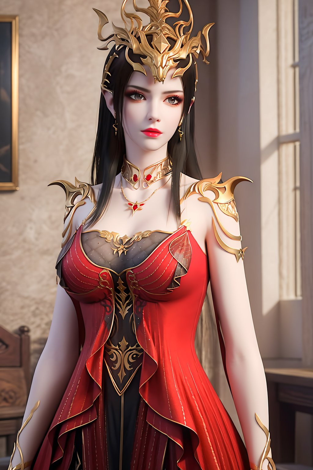 crystalstexture skin,best quality,masterpiece,ultra detailed,8k,RAW photo,realistic,photorealistic,ultra-detailed,intricate detail,extremely detailed,delicate pattern,masterpiece,looking at viewer,<lora:C_斗破苍穹_美杜莎_新衣_FEB:0.7>,bedroom,1girl,red dress,solo,earrings,hair ornament,long hair,pointy ears,black hair,necklace,bare shoulders,standing,