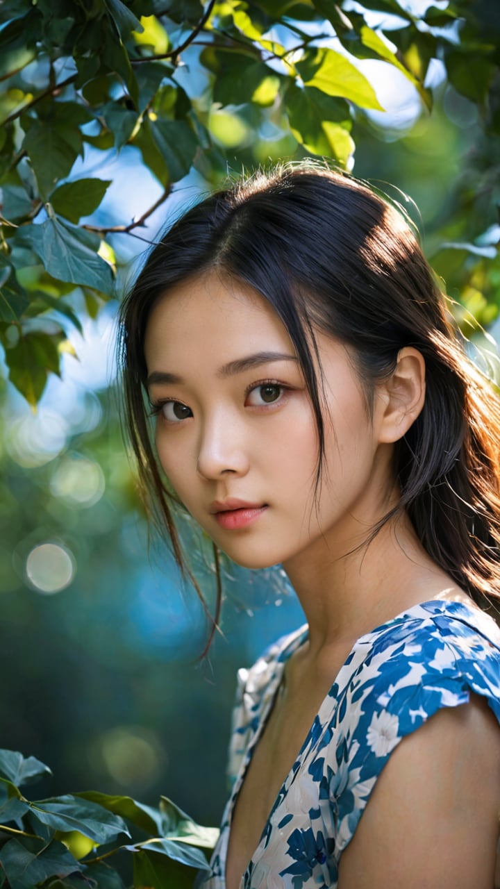 photographic portraits,the art of photography,asian girl, leaf,dappled light: light through leaves,a cold blue light from the moon,cool summer days,blue tones,hd, <lora:add-detail-xl:0.5>  <lora:DetailedEyes_V3:0.8>