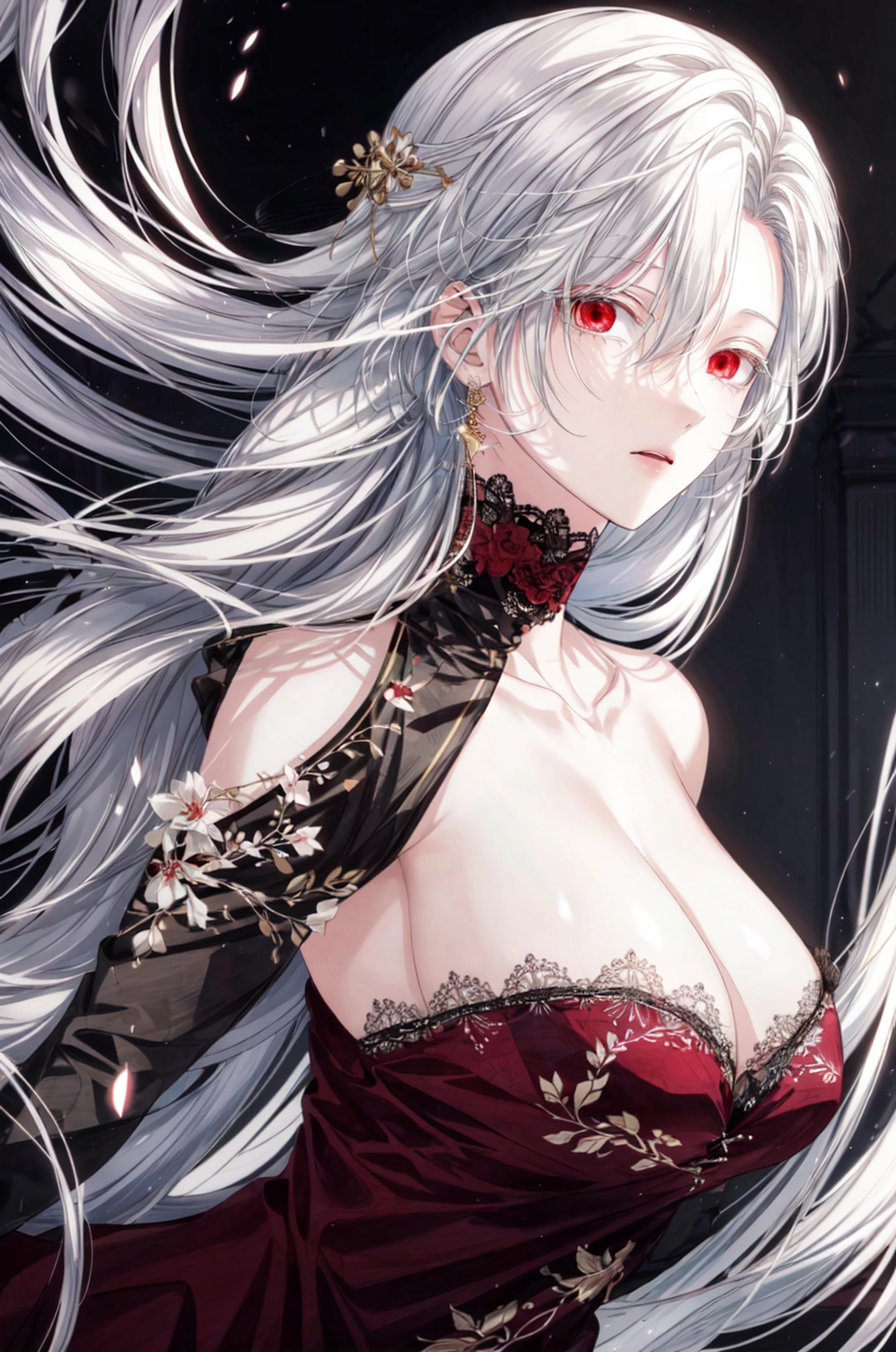 dynamic pose, masterpiece, (best quality), 1girl , white hair, Raviel, red eyes, <lora:RavielIvansia:0.7>, <lora:add_detail:1>