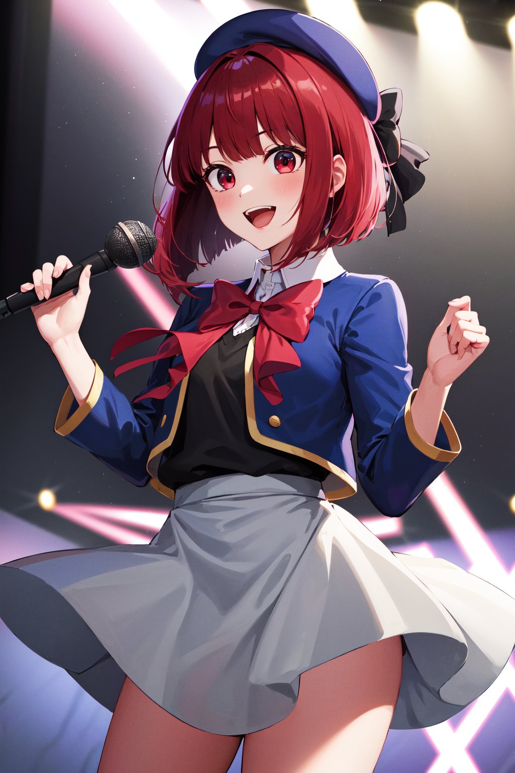 masterpiece, best quality, highres, aakana, aakana, short hair, beret, red eyes, blue headwear, red bowtie, collared shirt, blue jacket, open jacket, long sleeves, grey skirt, <lora:arima_kana_v1:0.7>, holding microphone, smile, open mouth, stage, standing