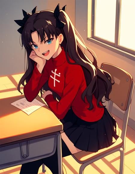 score_9,  score_8_up, score_7_up, source_anime, <lora:confetti-extract-ponyxl:1> 1girl, solo, tohsaka rin, red turtleneck, black skirt, thighhighs, zettai ryouiki, shadow, chair, school desk, sitting, sunset, classroom, open mouth, smug, cinematic lighting