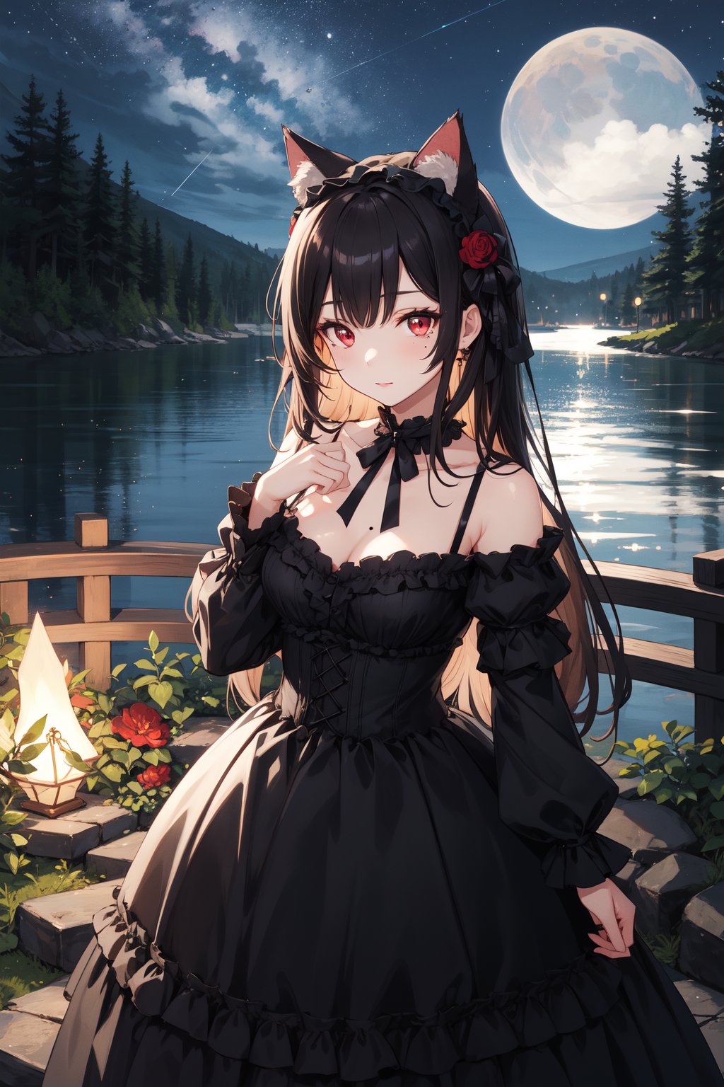 <lora:Ruri-0000010:0.8>,Ruri cyql,1girl,looking at viewer,solo,long hair,black hair,hime cut,red eyes,mole,mole under eye,cat ears,animal ears,gothic lolita,lolita fashion,dress,frills,Happy,  wide smile with raised cheeks and crow's feet around the eyes.,full_shot,beautiful face,beautiful eyes,glossy skin,shiny skin,Lake, Moonlight, Reflection, Stars, Trees, Tranquility, Night sounds, Campfire,(Alpine flowers, Mountain peaks, Alpine meadow, Summer blooms, Alpine landscape, Mountain breeze:0.6),beautiful detailed sky,beautiful detailed glow,posing in front of a colorful and dynamic background,masterpiece,best quality,beautiful and aesthetic,contrapposto,female focus,wallpaper,fashion,