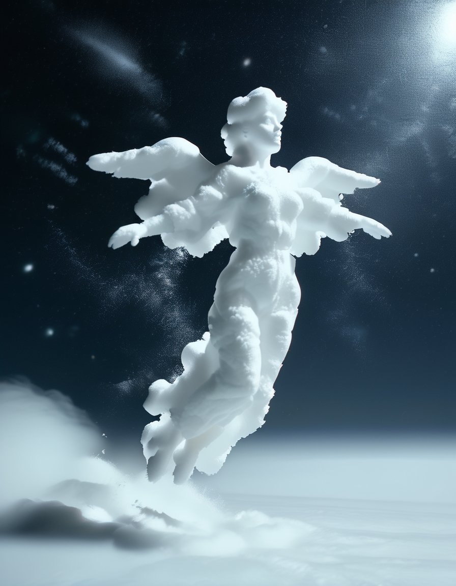<lora:Aether_Snow_v1_SDXL_LoRA:1.0> photo of a flying woman made of snow, in space, nightly cinematic