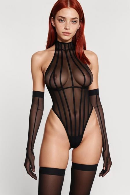 (best quality, high quality, sharp focus:1.4), beautiful european woman, street, (simple background:1.1), (red hair:1.1), (freckles:1.1),  <lora:b0dy1:.7> b0dy1, black bodysuit, gloves, black thighhighs