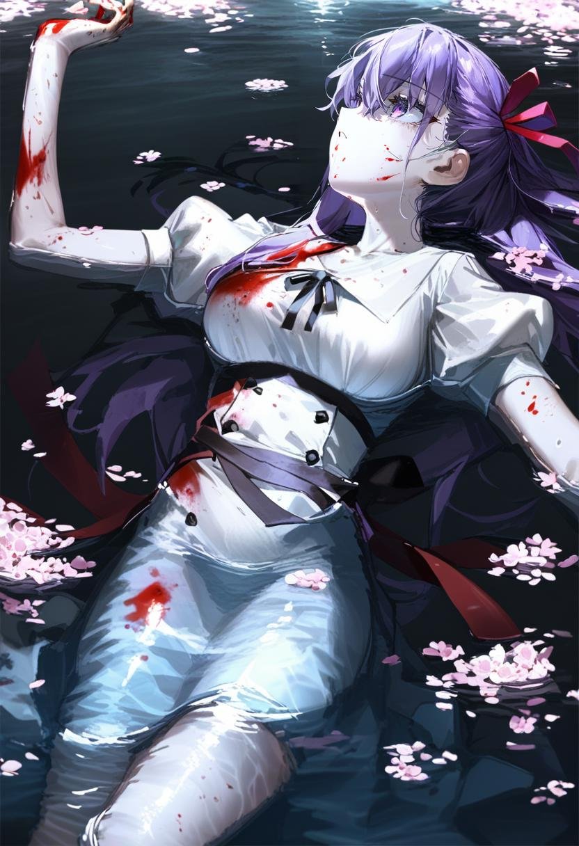 masterpiece, best quality,<lora:QUASARCAKE_XL_ANI31_lokr_V42310:0.95> 1girl, matou sakura, solo, purple hair, dress, white dress, ribbon, lying, official alternate costume, long hair, purple eyes, on back, short sleeves, blood, petals, black ribbon, parted lips, breasts, water, hair between eyes, puffy sleeves, puffy short sleeves, blood on face, red ribbon, hair ribbon, blood on clothes, afloat, partially submerged, cherry blossoms, medium breasts, looking up