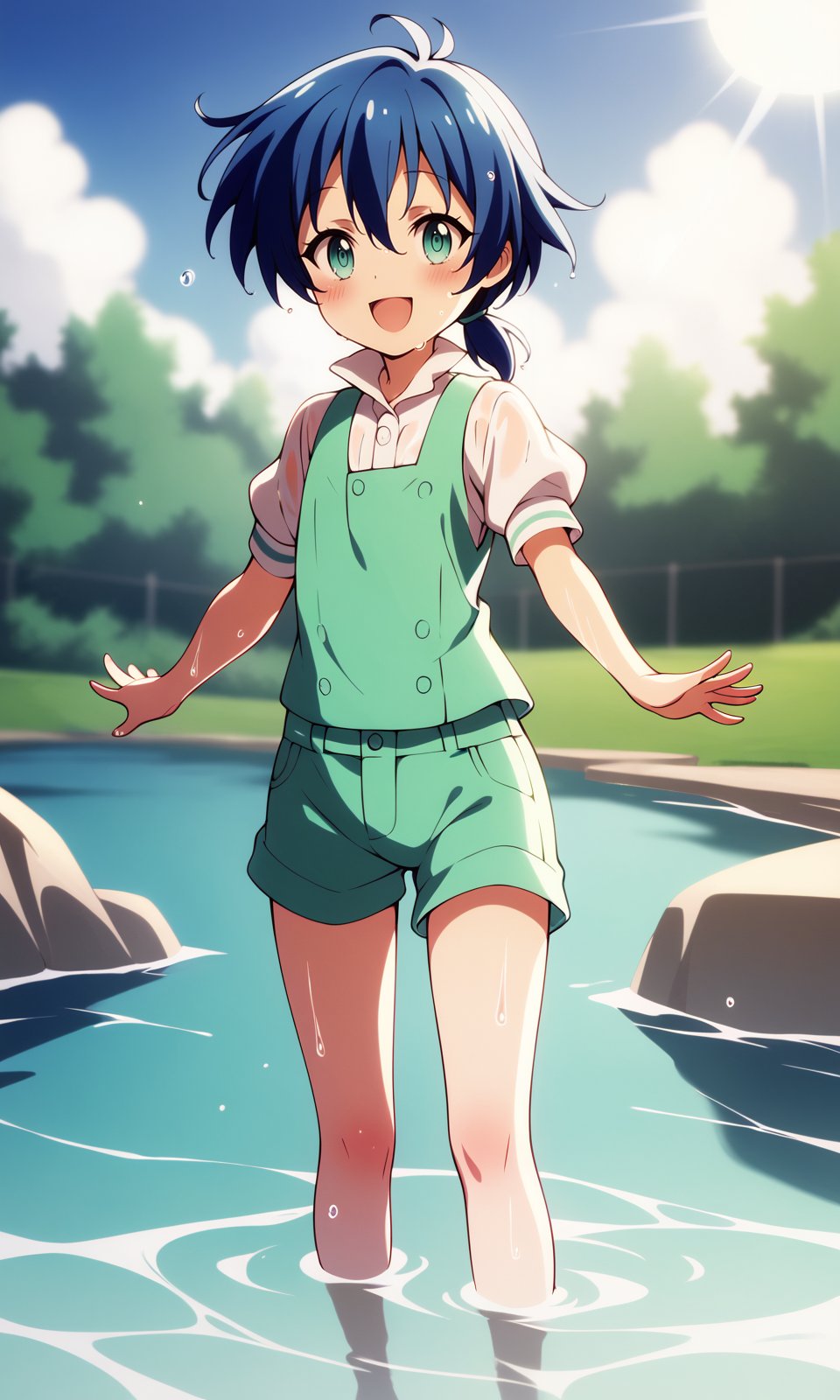 score_9,score_8_up,score_7_up, score_6_up, BREAKsolo, 1boy, lloyd, aqua eyes, blue hair, short hair, low ponytail, shiny hair, shiny skin, green vest, white shirt, puffy short sleeves, green short shorts, barefoot, wet, dripping, standing, looking at the water, open smile, partially submerged, happy, blush, day, outdoors, riverbank, sun, cloud, masterpiece, best quality, very aesthetic, absurdres, <lora:LloydDeSaloum_Pony:1><lora:sd_xl_dpo_lora_v1:0.35> 