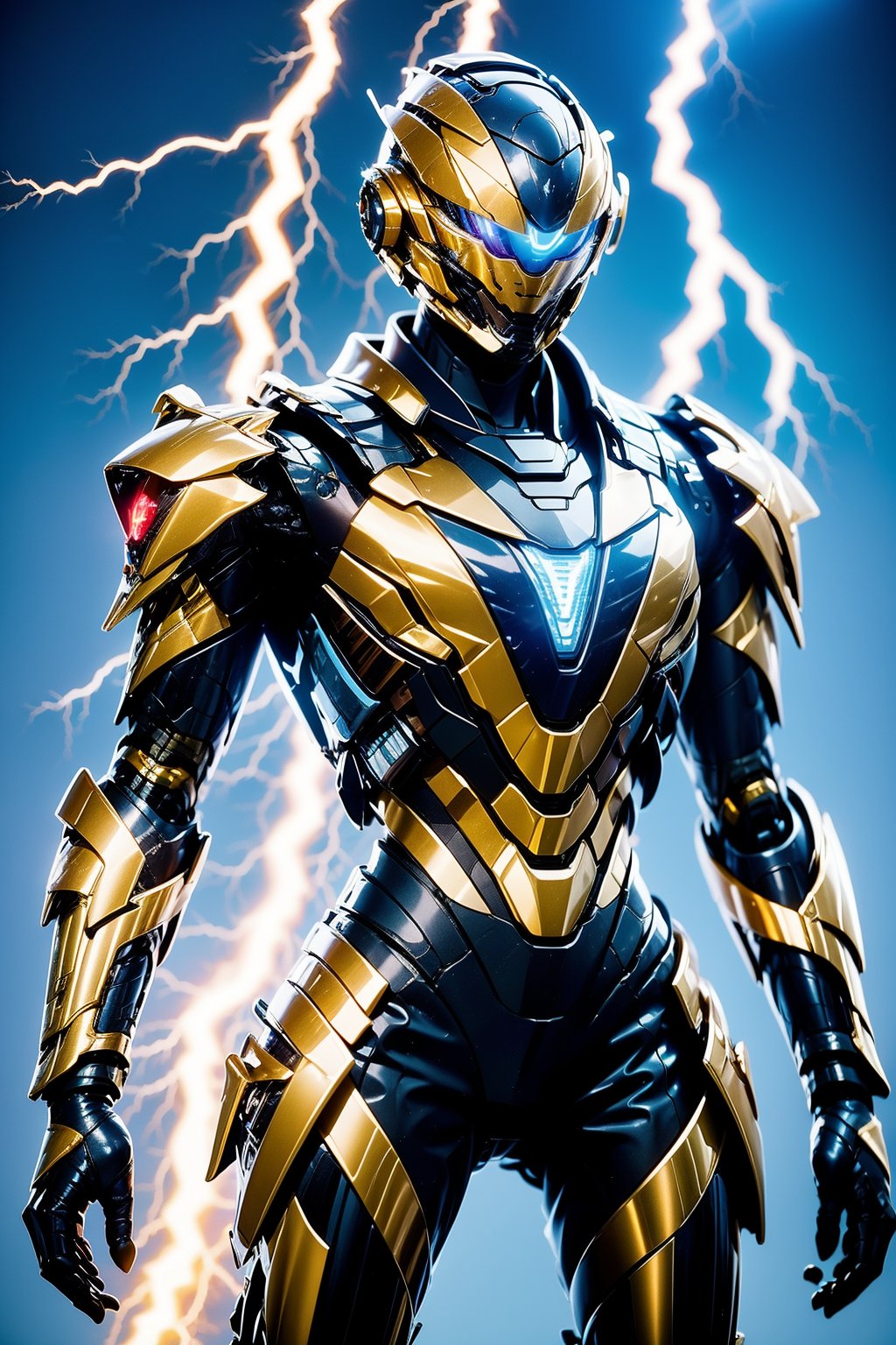 glowing, solo, armor, electricity, glowing eyes, power armor, science fiction, helmet, tokusatsu, male focus, 1boy, lightning, standing, no humans, looking at viewer, blue background, cowboy shot, robot