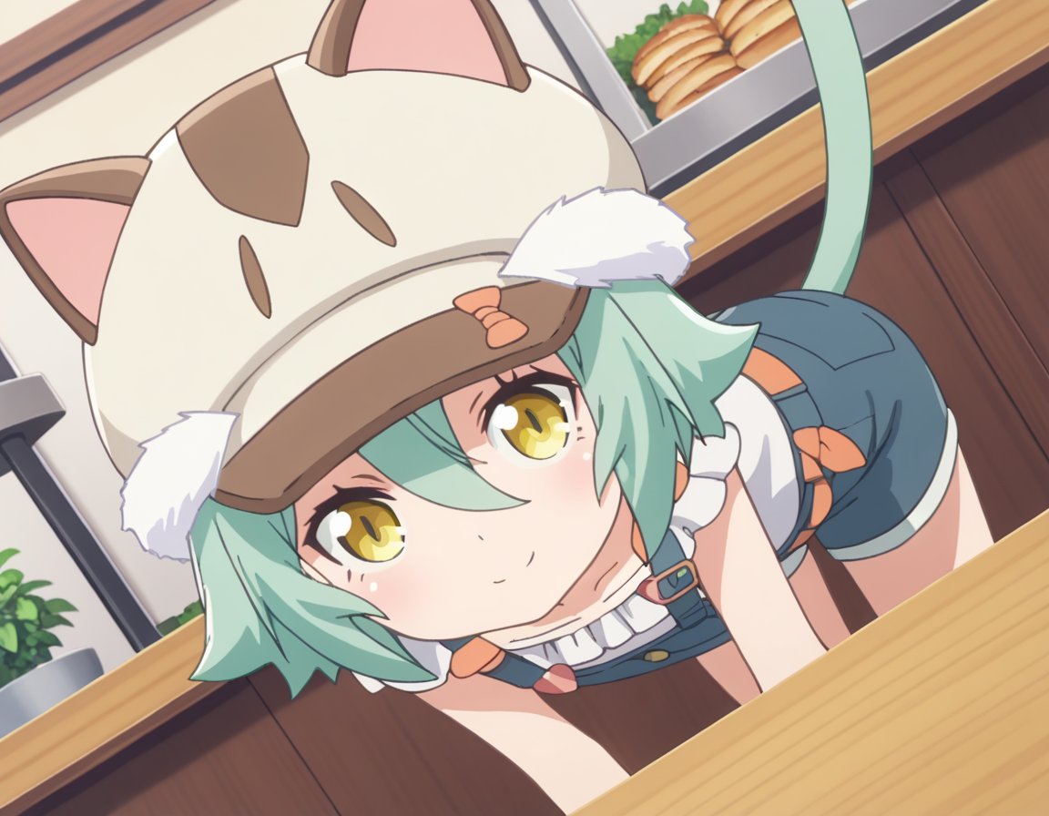 score_9, score_8_up, score_7_up, source_anime,nekoparacacao, <lora:nekopara-cacao-s1-ponyxl-lora-nochekaiser:1>,cacao, short hair, animal ears, hair between eyes, yellow eyes, green hair, cat girl,shirt, hat, collarbone, tail, cabbie hat, overalls, cat hat, overall shorts,indoors, cafe, bent over, smile,looking at viewer, solo, cowboy shot, dutch angle,