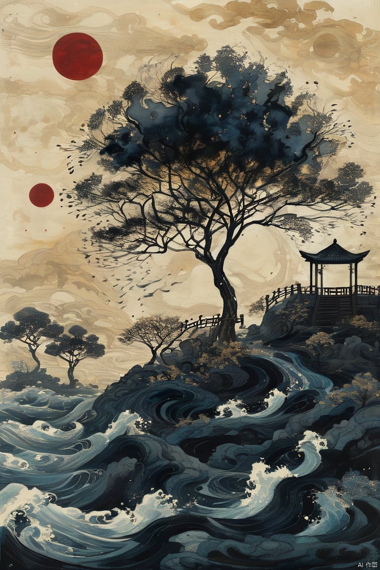 Stranger tales, chinese ink painting, abstract, gongbi, surrealism, no humans, dark background, dark theme, tree, east asian architecture, wave<lora:EMS-307144-EMS:0.800000>