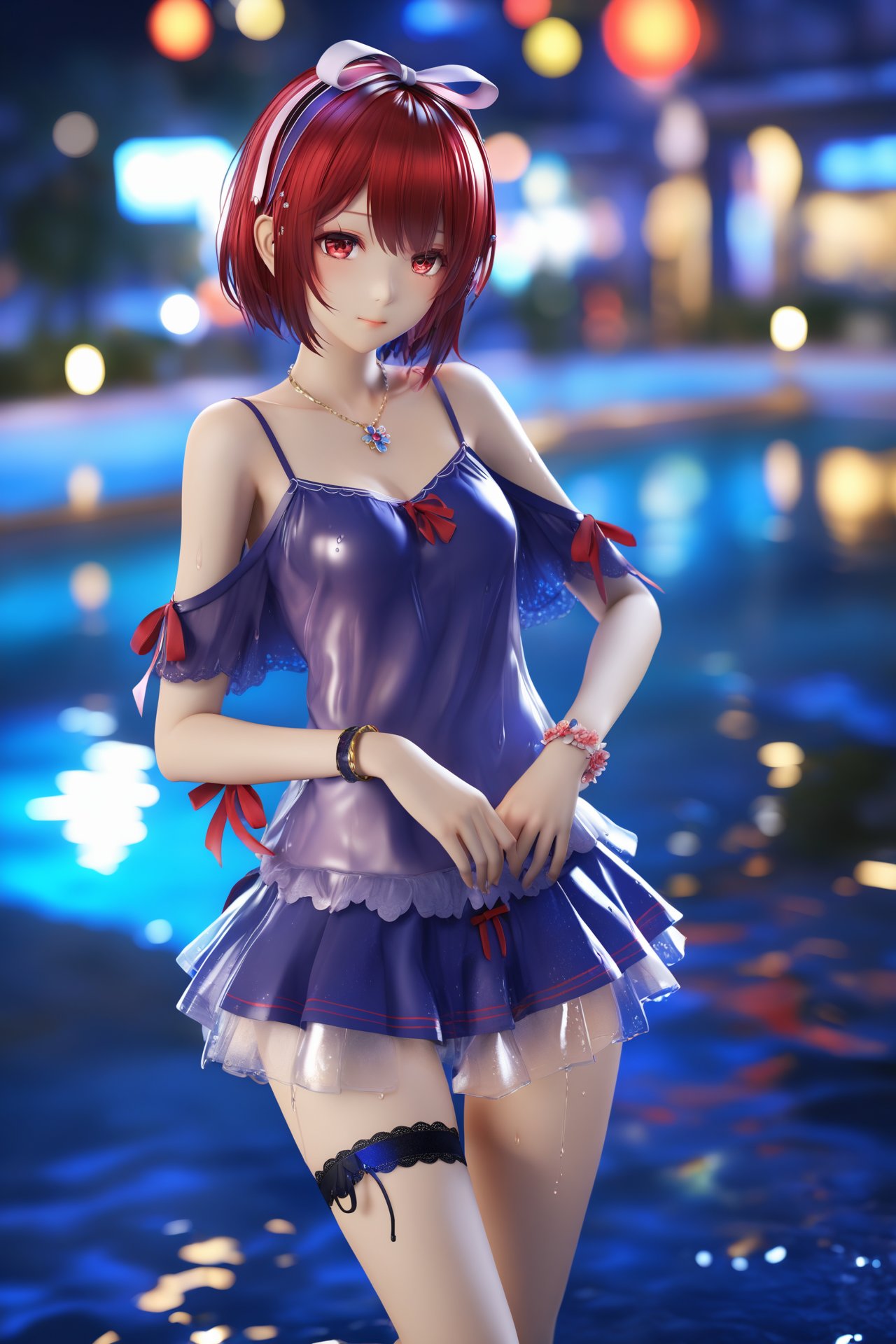 (masterpiece),(best quality),illustration,ultra detailed,hdr,Depth of field,(colorful),mmd,night,1girl,solo,red eyes,looking at viewer,hair ornament,short hair,upper body,wet hair, hair ribbon, hair flower, leg_garter, necklace, bracelet, cold shoulder,miniskirt,royal