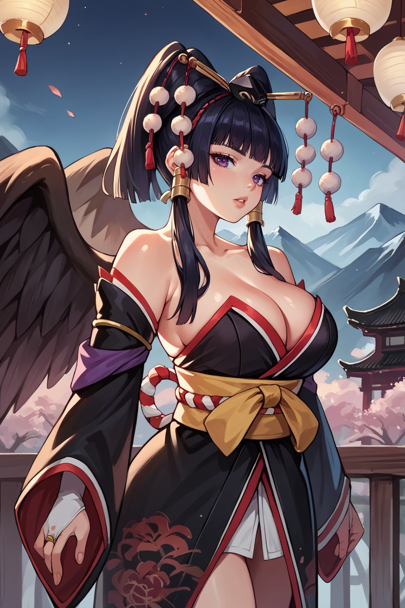 score_9, score_8_up, score_7_up, score_6_up, source_anime, BREAK 1girl <lora:nyotengu-pdxl-nvwls-v1-000005:1> doaNyo, hair ornament, hair tubes, mole under mouth, black kimono, sash, cleavage, bridal gauntlets, detached sleeves, black wings, large breasts, profile, looking at you, parted lips, night, japanese architecture, mountains