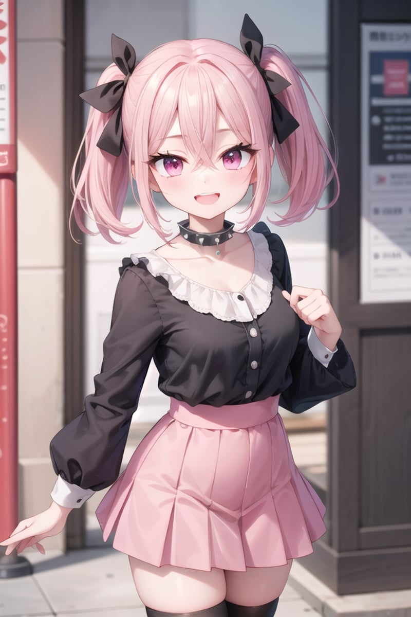 <lora:talkmouth_A_type1_v200:1>insanely detailed, absurdres, ultra-highres, ultra-detailed, best quality,1girl, solo, nice hands, perfect handsBREAKjirai kei,thighhighs, skirt, twintails, pink skirt, collar, bow, black thighhighs, black bow, long hair, pink bow, hair bow, spiked collarBREAK(nsfw:-1.5)BREAKsmile, open mouthBREAK,standing, cowboy shot, looking at viewerBREAKslender, kawaii, perfect symmetrical face, ultra cute girl, ultra cute face, ultra detailed eyes, ultra detailed hair, ultra cute, ultra beautifulBREAKin japanese street, cityscape in japan, depth of field, ultra detailed backgroundBREAKmedium breastsBREAKpink hair, pink eyes, short hair, hair between eyes