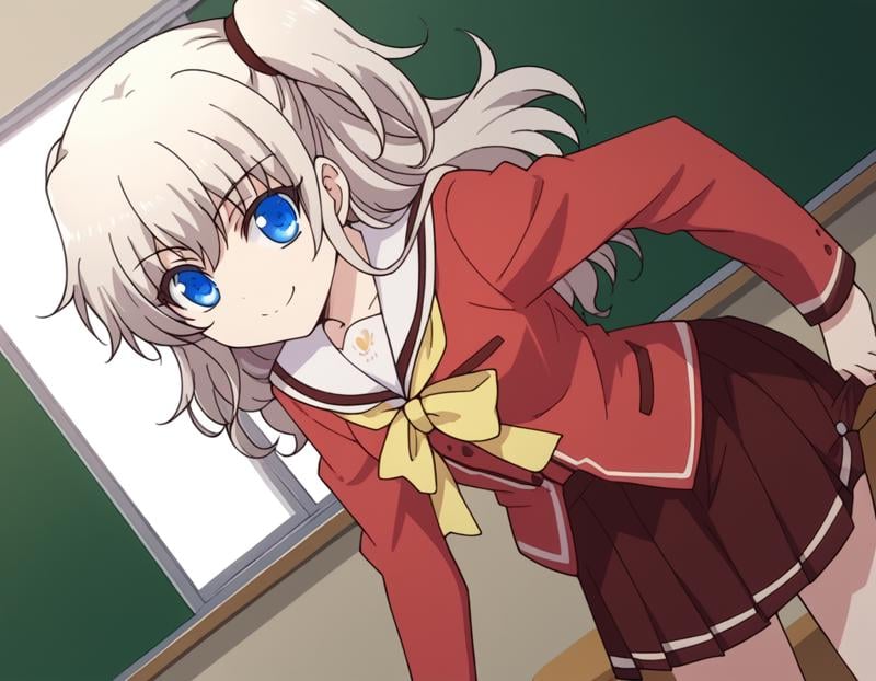 score_9, score_8_up, score_7_up, source_anime,naotomori, <lora:nao-tomori-s1-ponyxl-lora-nochekaiser:1>,nao tomori, long hair, blue eyes, two side up,school uniform, serafuku, long sleeves, red blazer, red skirt, pleated skirt, white sailor collar,indoors, classroom, bent over, smile,looking at viewer, cowboy shot, solo, dutch angle,